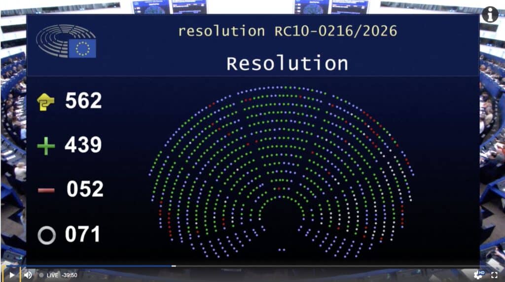 The result of the vote on the resolution in plenary on 30 April. (Photo: Screenshot from European Parliament Webcast)