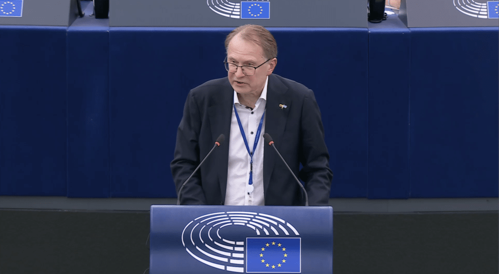 The Chair of the European Parliament’s Tibet Friendship Group MEP Dainus Žalimas speaking during the debate on 29 April. (Photo: Screenshot from European Parliament Webcast)